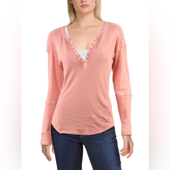 Free People - Military Mix Cotton Studded Long Sleeve Cuff Henley Size Small - Picture 1 of 11